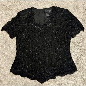 Vintage Cote d' Azur Top Women's Size Large Black Beaded Silk Evening
